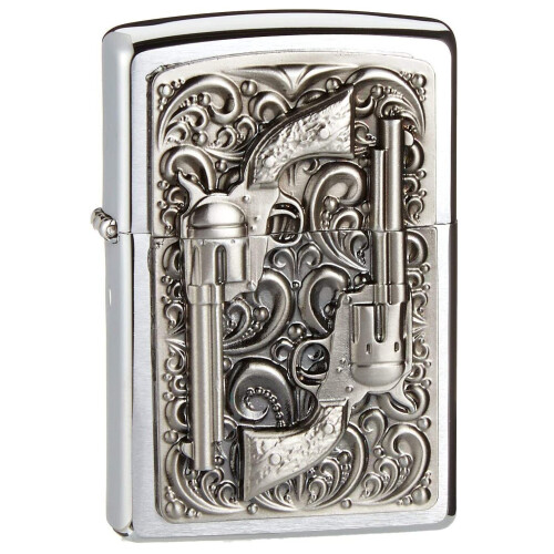 Zippo Zippo Lighter Revolver Emblem Brushed Chrome Windproof Flame Flip Top Refillable