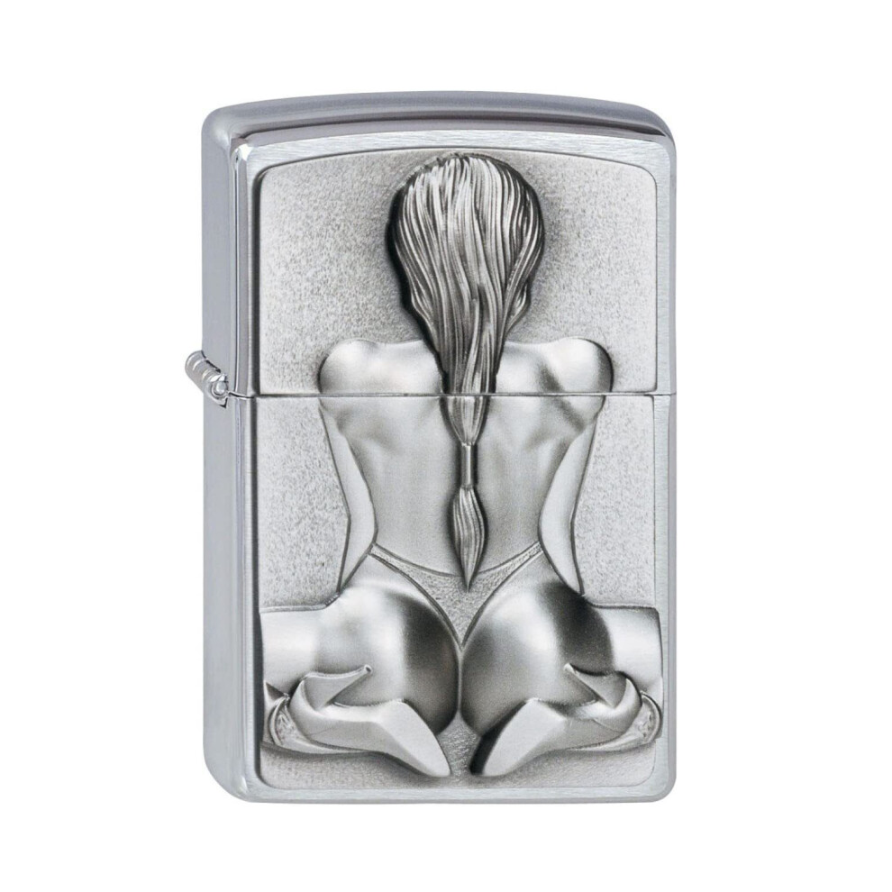 Zippo Lighter Kneeling Girl Emblem Brushed Chrome Windproof Flame Refillable