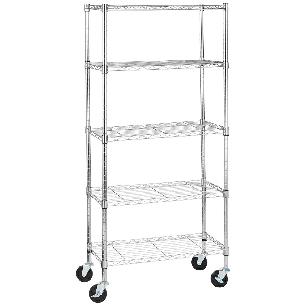 Amazon Basics 5-Shelf Adjustable  Heavy Duty Storage Shelving Unit on 4'' Wheel Casters  Metal Organizer Wire Rack  30"" L x 14"" W x 64.8"" H  Chrome
