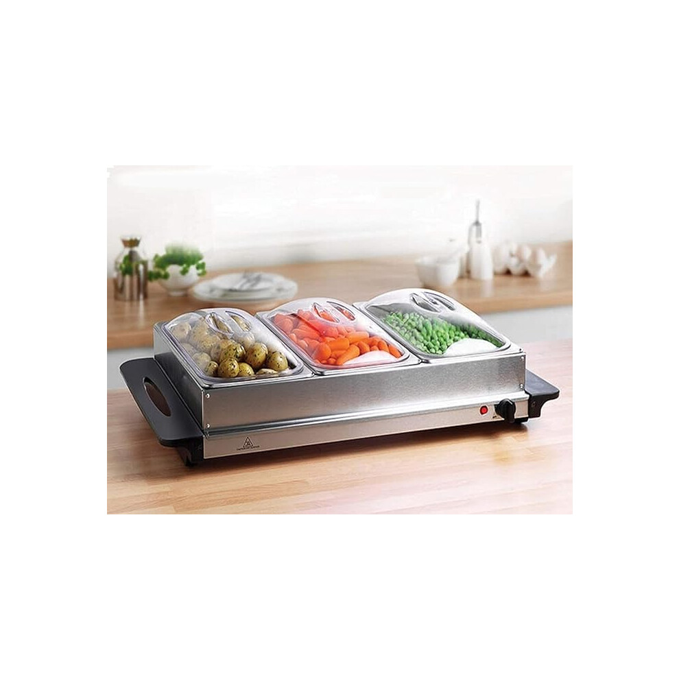 Garden Mile Large Capacity 3 Pan Stainless Steel Electric Buffet Server Food warmer, 300w Portable Hot Plate Bain Marie Table Top Heat Control