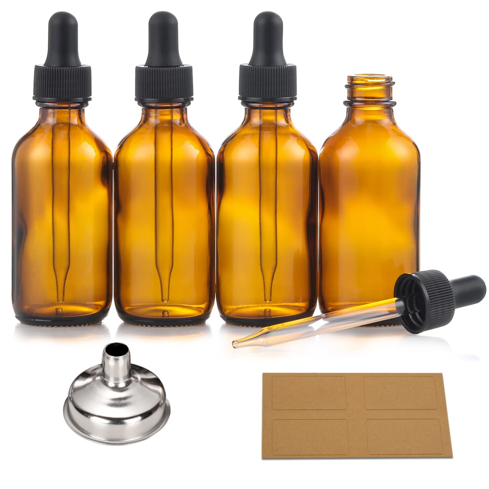 AOZITA 4 Pack, 2 oz Dropper Bottles with 1 Funnel & 4 Labels - 60ml Thick Dark Amber Glass Tincture Bottles with Eye Droppers - Leakproof Essential O