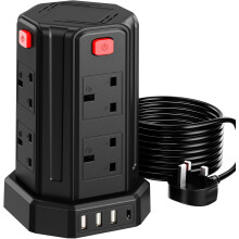Tower Extension Lead with USB Slots 3M, (13A 3250W) 4 USB Ports and 8 Way Extension Tower, Surge Protection Extension Lead with 4 Independent Control