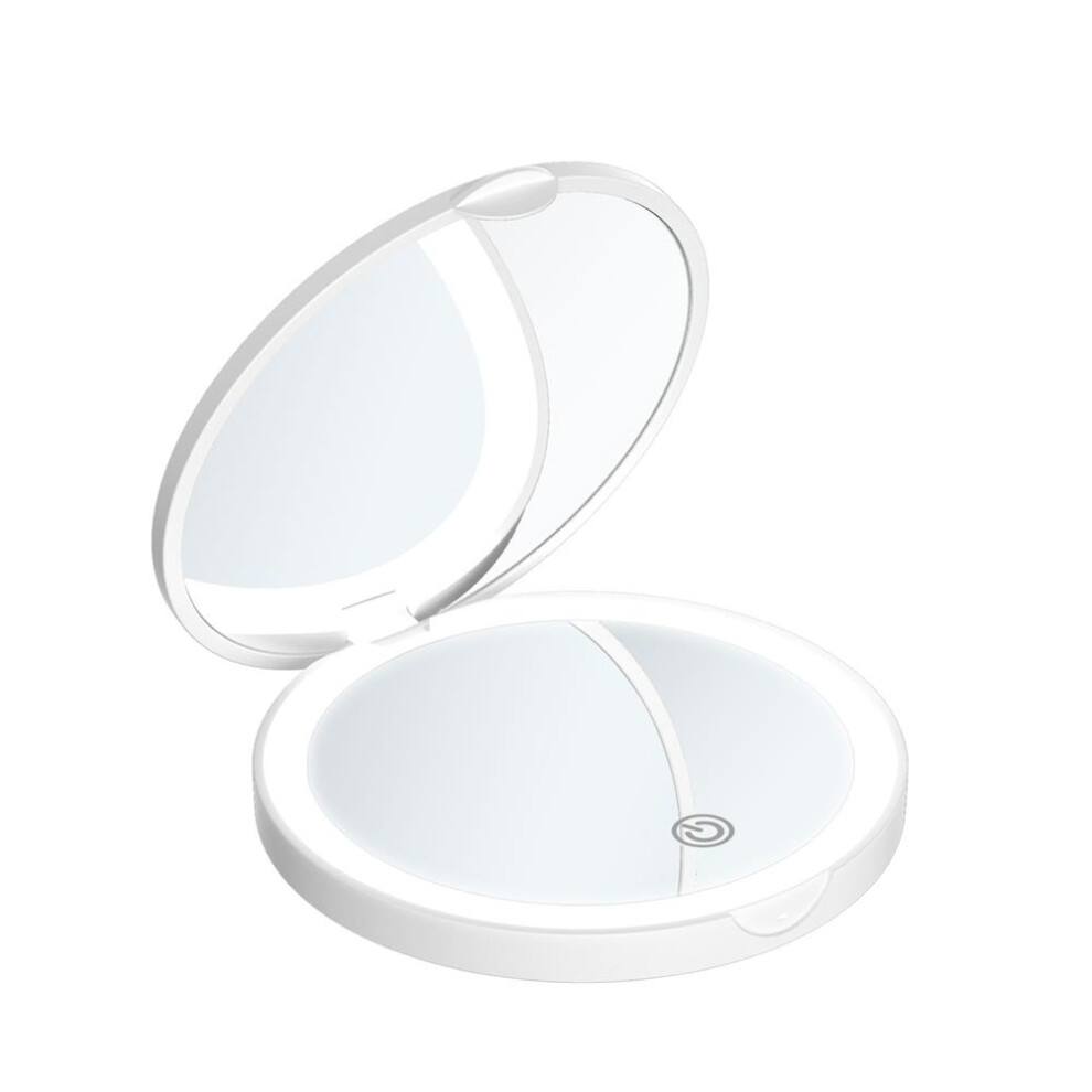 (White) LED Lighted Travel Makeup Mirror, 1x/2x Magnification Compact Mirror, Portable for Pocket, Illuminated Folding Mirror, Handheld 2-Sided Mirror
