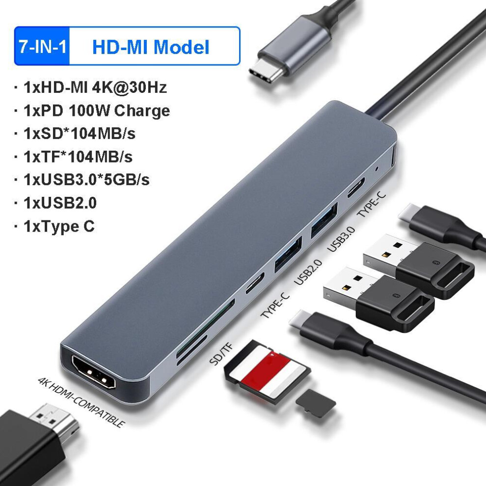 (7-IN-1) Usb C Hub Type C Adapter 4k 30hz Hdmi-compatible Vga Rj45 Lan Ethernet Sd/tf Pd 87w Laptop Dock Station For Macbook Pro Air Usb 3.0 Splitter