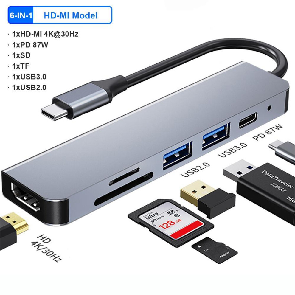 (6-IN-1) Usb C Hub Type C Adapter 4k 30hz Hdmi-compatible Vga Rj45 Lan Ethernet Sd/tf Pd 87w Laptop Dock Station For Macbook Pro Air Usb 3.0 Splitter