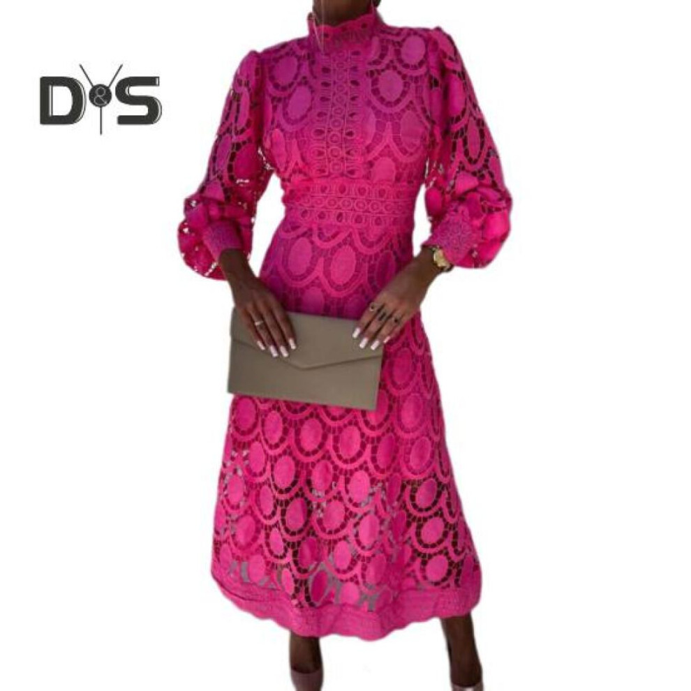 (rose red, S) Women Dress Hollow Out Lace Stand Collar Bubble Sleeve Tight Waist See-through Double-layer Ankle Length Solid Color Ol Commute Maxi Dress