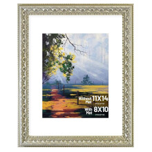 Golden State Art, 11x14 Ornate Finish Photo Frame with White Mat for 8x10 Picture & Real Glass, Color: Silver Beige