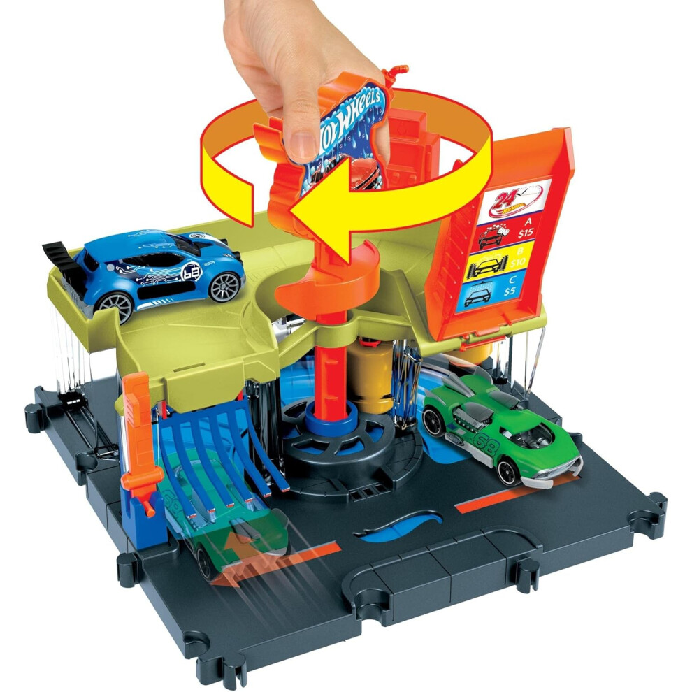 Hot Wheels City Downtown Express Car Wash Playset with 1 Hot Wheels Car, Connects to Other Playsets & Tracks, Gift for Kids Ages 4 to 8 Years Old,