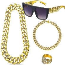 80s 90s Hip Hop Fake Gold Chain, Punk Sunglasses, Dollar Sign Finger Ring Rapper Accessories Gifts