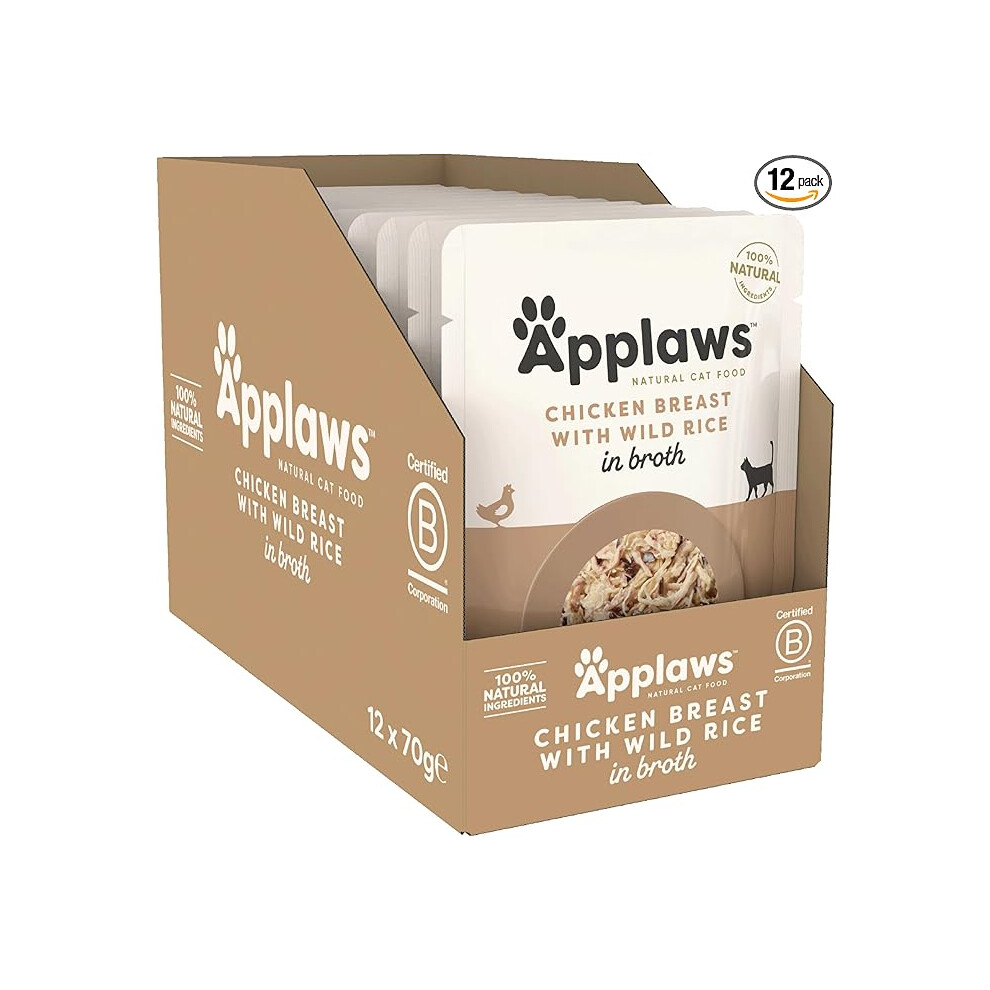 Applaws 100% Natural Wet Cat Food Pouch, Chicken With Wild Rice In Broth 70 G Pouches (Pack Of 12)