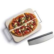 KitchenCraft World of Flavours Pizza Stone and Rocking Cutter Set in Gift Box, Rectangular, Ceramic, 2 Pieces, Beige