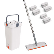 (Flat Mop & Bucket With 6 Pads) Self-Cleaning 360-Degree Rotate Spin Microfiber Mop and Bucket Set Washing Dry