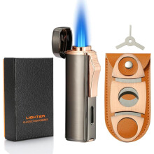 (Gray) 420 Carbon Steel Cutter And Lighter Set, Built-in Punch, Triple Jet Flame Butane Torch Lighter