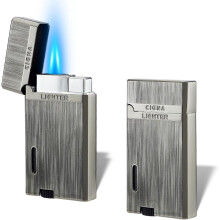 (Brushed Grey) Yeuligo 2 Pack Double Flame Torch Lighter Butane Refillable,classic Pocket Ace Lighters With Visible Window