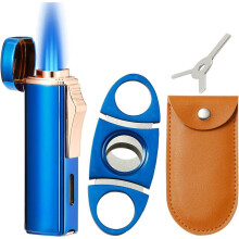 (Blue) 420 Carbon Steel Cutter And Lighter Set, Built-in Punch, Triple Jet Flame Butane Torch Lighter