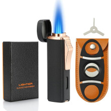 (Black) 420 Carbon Steel Cutter And Lighter Set, Built-in Punch, Triple Jet Flame Butane Torch Lighter