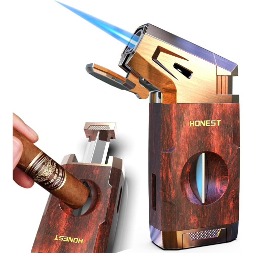 Butane Torch Lighter With V Cutter, Windproof Jet Flame Lighter Torch Refill, Adjustable Refillable Butane Lighter