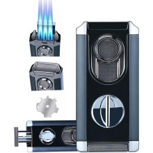 Windproof Triple Jet Flame Torch Lighter With Stand – Refillable And Adjustable 3 Flame Lighter With Built-in V-cut
