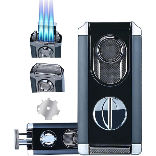 Windproof Triple Jet Flame Torch Lighter With Stand – Refillable And Adjustable 3 Flame Lighter With Built-in V-cut