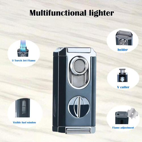 Windproof Triple Jet Flame Torch Lighter With Stand – Refillable And Adjustable 3 Flame Lighter With Built-in V-cut 2