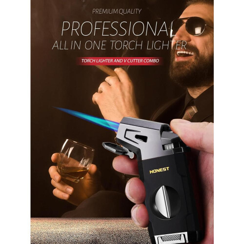 Butane Torch Lighter With V Cutter, Windproof Jet Flame Lighter Torch Refill, Adjustable Refillable Butane Lighte 1