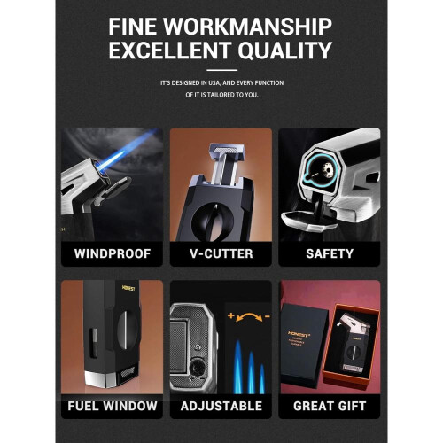 Butane Torch Lighter With V Cutter, Windproof Jet Flame Lighter Torch Refill, Adjustable Refillable Butane Lighte 2