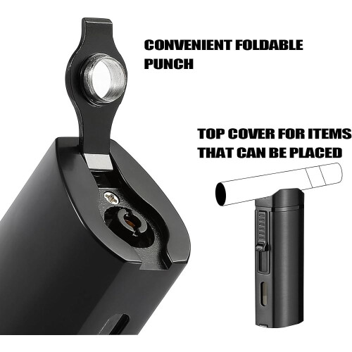 (Black) Triple Jet Flame Torch Lighter And Cutter Set, Built-in Punch And Holder Function, Refillable & Adjustable Windproof Butane Lighte 1