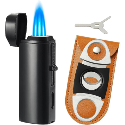 (Black) Triple Jet Flame Torch Lighter And Cutter Set, Built-in Punch And Holder Function, Refillable & Adjustable Windproof Butane Lighte