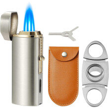 (Brushed Silver & Gold) Triple Jet Flame Torch Lighter And Cutter Set, Built-in Punch And Holder Function, Refillable & Adjustable Windproof Butane Lighte