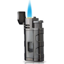 (Black) Torch Lighter Triple Jet Flame Refillable Butane Cigar Lighter Windproof Lighter With Cigar Punch Rest Holder