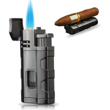 (Gunmetal) Torch Lighter Triple Jet Flame Refillable Butane Cigar Lighter Windproof Lighter With Cigar Punch Rest Holder