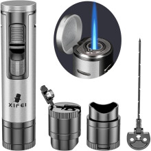 (Silver) Cigar Lighter, Cigar Puncher, Cigar Draw Enhancer, Cigar Stand, All-in-one Lighter (gun Ash)