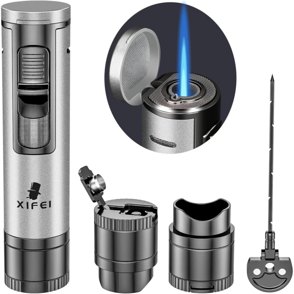 Yeuligo Silver (Silver) Cigar Lighter, Cigar Puncher, Cigar Draw Enhancer, Cigar Stand, All-In-One Lighter (Gun Ash)