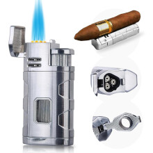 (Chrome) Torch Lighter Triple Jet Flame Refillable Butane Cigar Lighter Windproof Lighter With Cigar Punch Rest Holder