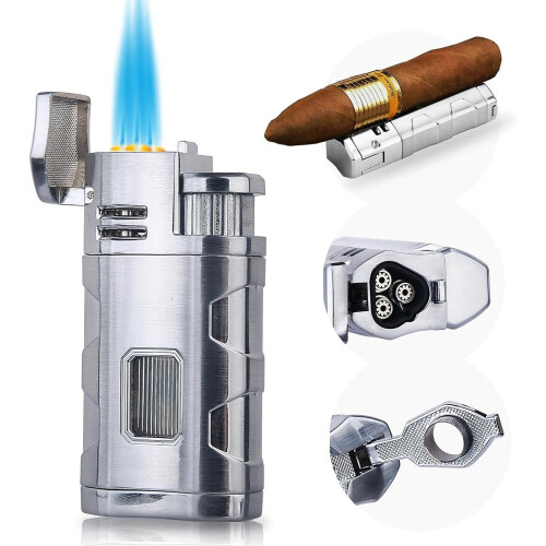 (Chrome) Torch Lighter Triple Jet Flame Refillable Butane Cigar Lighter Windproof Lighter With Cigar Punch Rest Holder