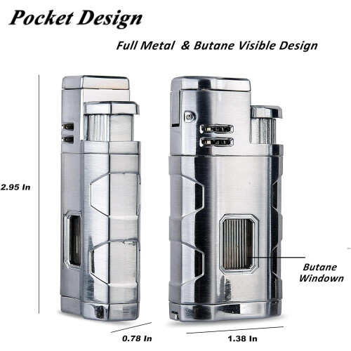 (Chrome) Torch Lighter Triple Jet Flame Refillable Butane Cigar Lighter Windproof Lighter With Cigar Punch Rest Holder 1