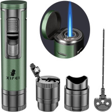 (Green) Cigar Lighter, Cigar Puncher, Cigar Draw Enhancer, Cigar Stand, All-in-one Lighter (gun Ash)