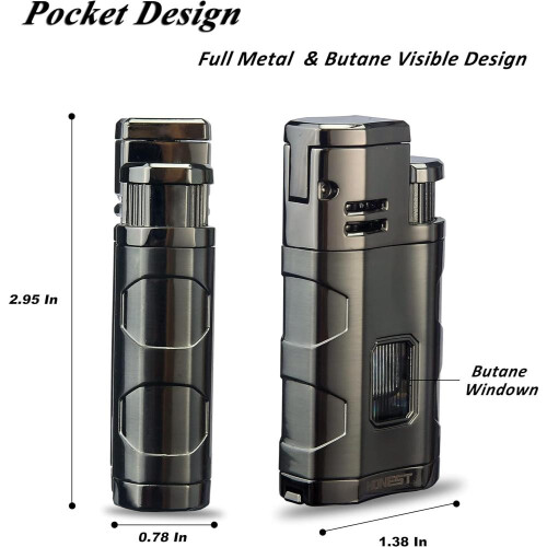 (Black) Torch Lighter Triple Jet Flame Refillable Butane Cigar Lighter Windproof Lighter With Cigar Punch Rest Holder 1