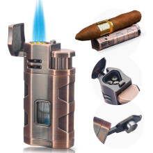 (Red Copper) Torch Lighter Triple Jet Flame Refillable Butane Cigar Lighter Windproof Lighter With Cigar Punch Rest Holder
