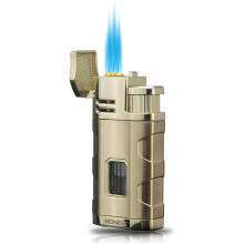 (Gold) Torch Lighter Triple Jet Flame Refillable Butane Cigar Lighter Windproof Lighter With Cigar Punch Rest Holder