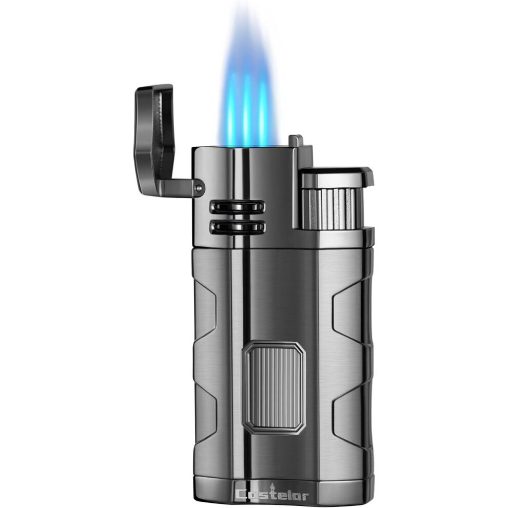 Yeuligo Black (Gunmetal/Black) Cigar Torch Lighter Triple Jet Flame Butane Refillable With Cigar Punch Rest Holder - Butane Not Included