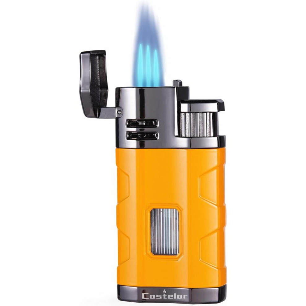 Yeuligo Yellow (Yellow) Cigar Torch Lighter Triple Jet Flame Butane Refillable With Cigar Punch Rest Holder - Butane Not Included