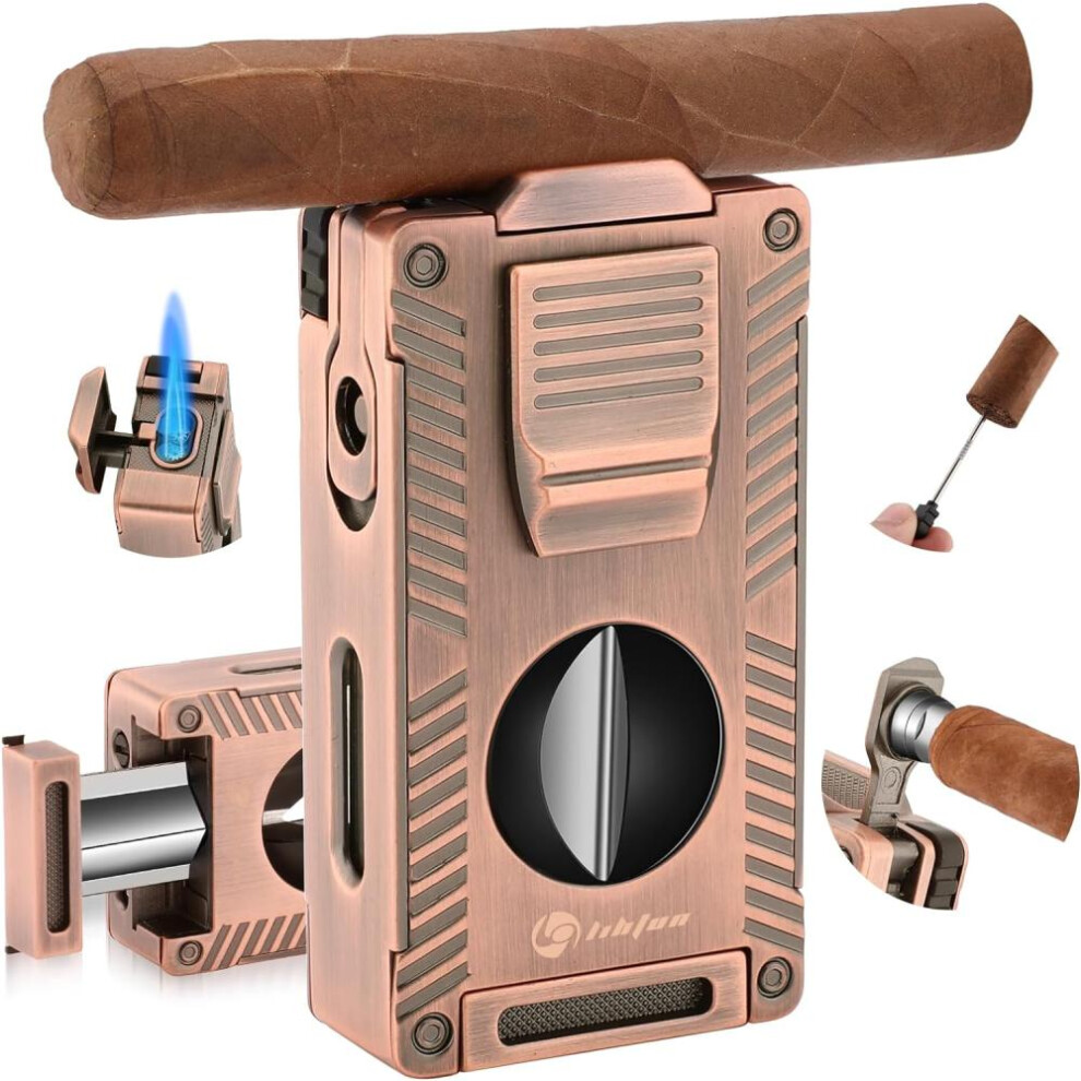 Yeuligo (Bronzebronze) Cigar Torch Lighter, All-In-1 Cigar Lighter Built-In Cigar Holder Cigar Punch Cigar Draw Enhancer Cigar Cutter V Cut