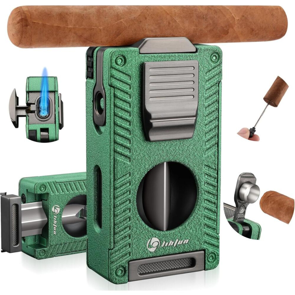 Yeuligo Green (Green) Cigar Torch Lighter, All-In-1 Cigar Lighter Built-In Cigar Holder Cigar Punch Cigar Draw Enhancer Cigar Cutter V Cut