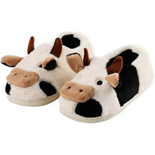 (XS) Cute Cow Slippers For Women Girls Cartoon Fuzzy Plush Cotton Slippers For Indoor Outdoor Warmth In Winter