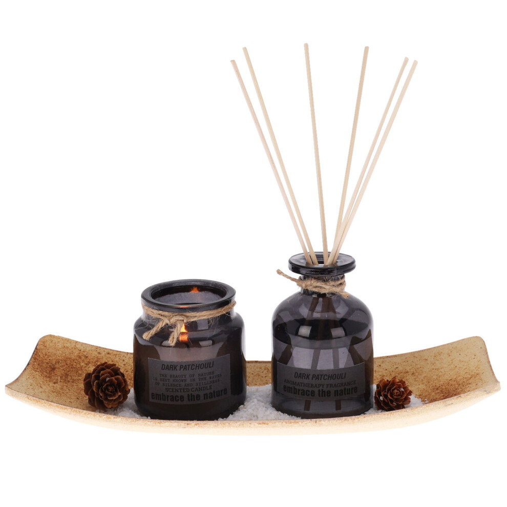 (Dark Patchouli) Scented Candle Perfume Reed Diffuser on Wooden Tray Aromatherapy Gift Set Home