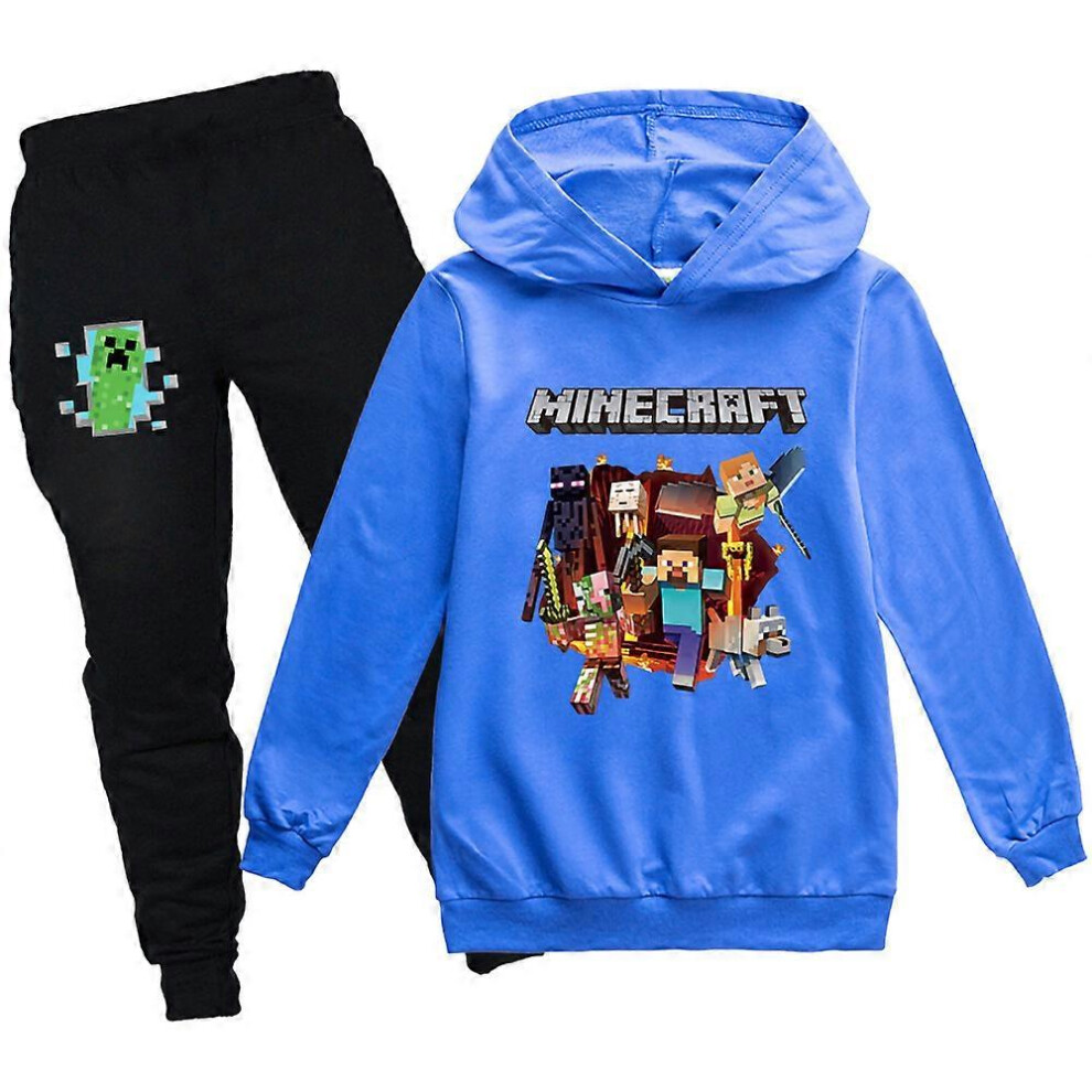 (9-10 Years, Blue) Minecraft Printed Kids Tracksuit Set Boys Girls Hooded Sweatshirt Jogger Trousers Pants Outfit Activewear
