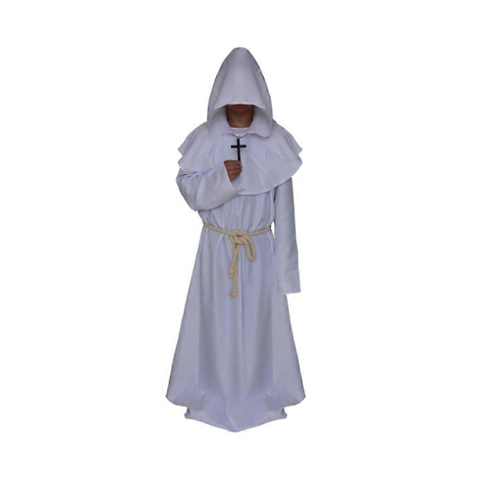 (L, White) Renaissance Medieval Friar Long Sleeve Hooded Monk Priest Robe Cape Cloak Hoodies Costume