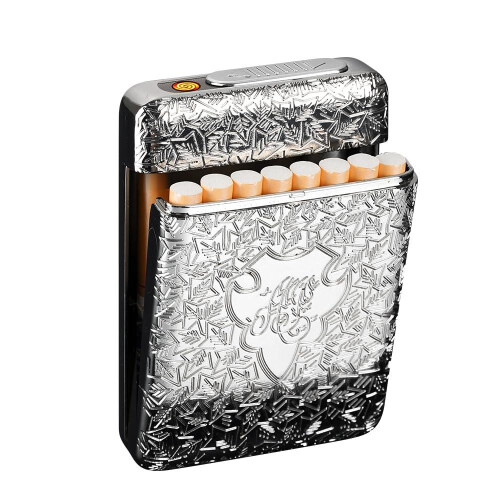 Cigarette Case with USB Lighter, 16-Cigarette Capacity, 84mm King Size, Rechargeable Flameless Windproof Lighter, Zinc Alloy, Model KU-YHFG0