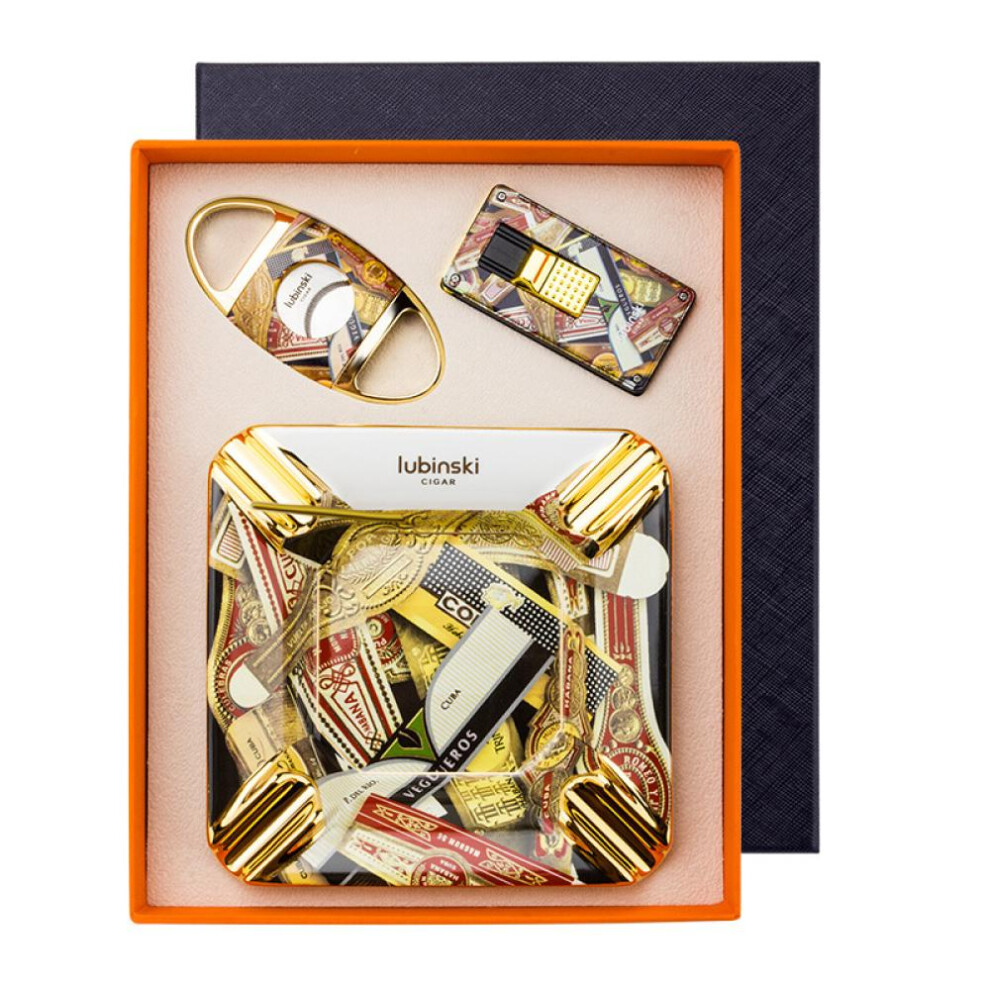 Yeuligo Cigar Tools Suit Windproof Direct Punch Lighter Ceramic Ashtray Double Blade Scissors Three-Piece Gift Box